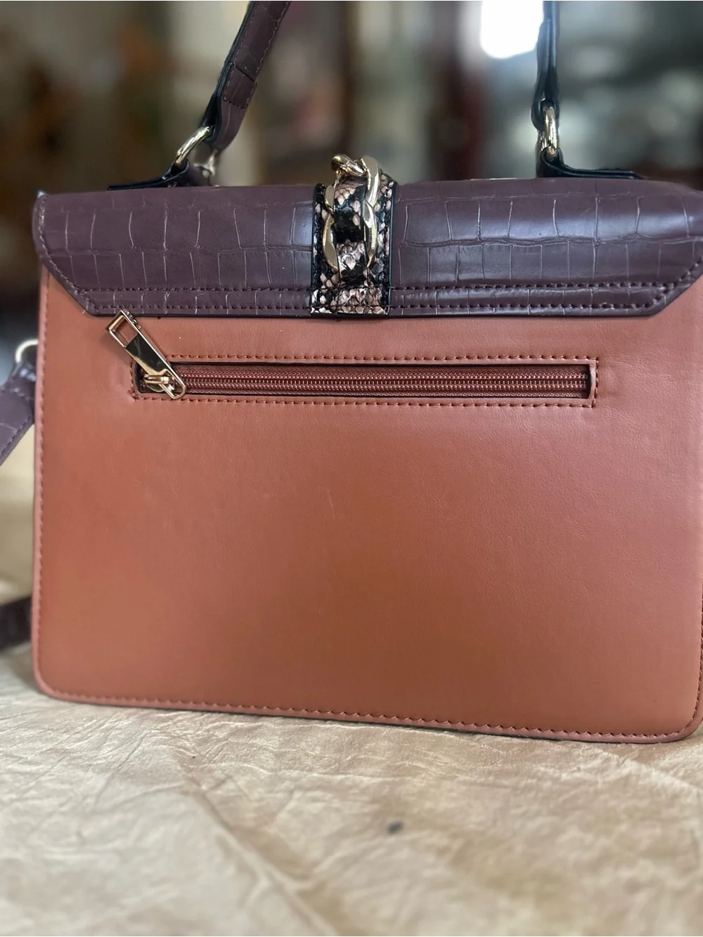 ALDO Brown & Tan Croc-Embossed Satchel with Snake-Print Accent